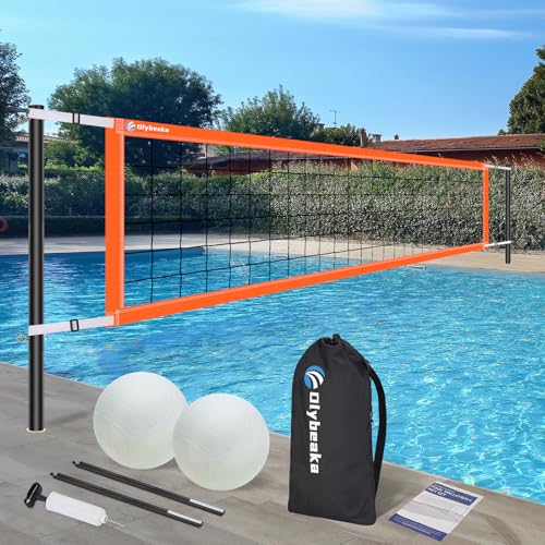 Base Free Swimming Pool Volleyball Net Set for Above Ground/Inground Pools with 3-Height Adjustable Aluminium Poles, Durable Anti-Sagging Net, 2 Water Volleyballs and Carry Bag (Orange)