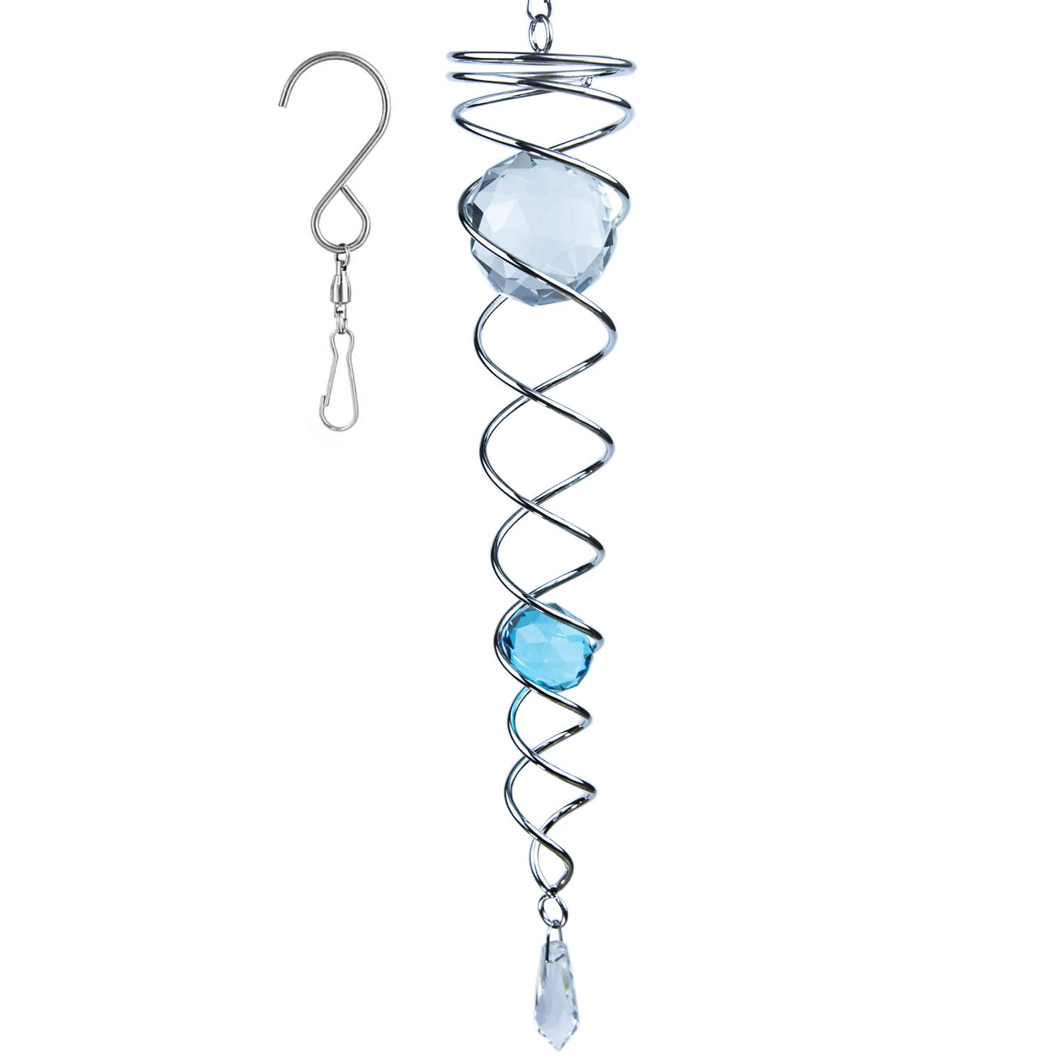 Prefdo 12 inch Gazing Ball Spiral Tail, Stainless Steel Wind Spinner Stabilizer with 2 Glass Balls Prism and Hanging Swivel Hook for Outdoor Yard Garden Decoration(Lake Blue)