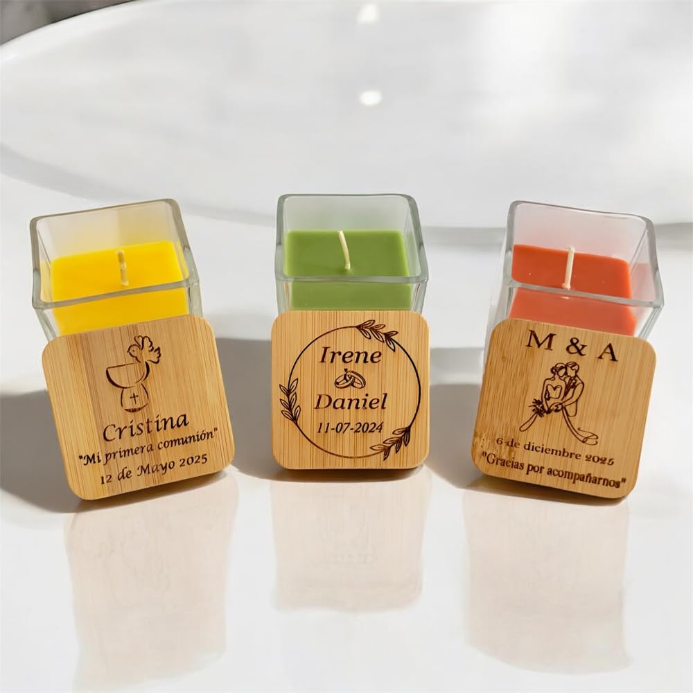 regalo grabado – Velas Personalizas | Cantidad (15) | Velas Boda, Comunion, Bautizo | Tarro Cristal con Tapa de Bambú | Aromas Limón, Naranja, Manzana, Vainilla | Opcion aromas surtidos