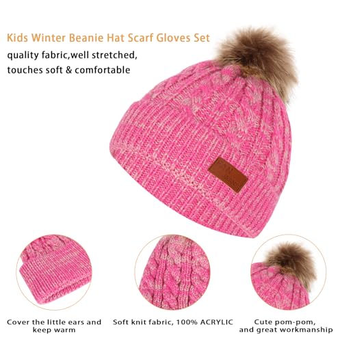 Image of Kids Hat Scarf Gloves Set, Kids Winter Beanie Hat Scarf Gloves Set with Knit Thick Warm Fleece Lined for 1-6 Years Old