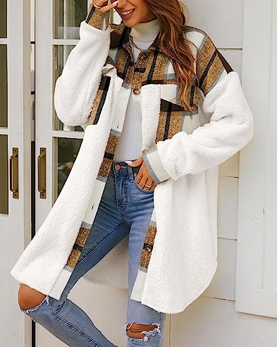 FSHAOES Womens Winter Coats Fuzzy Fleece Jacket Shacket Plaid Lapel Button Down Flannel Shirt Lightweight Outwear2