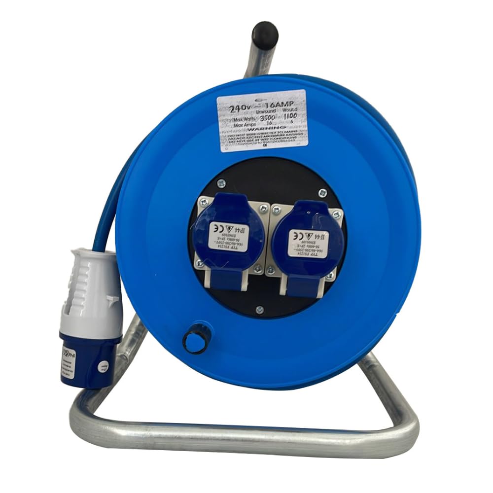 25m Cable Reel 240V Heavy Duty Extension Lead 2 Way 16 Amp Sockets and Plug 2.5mm Cable