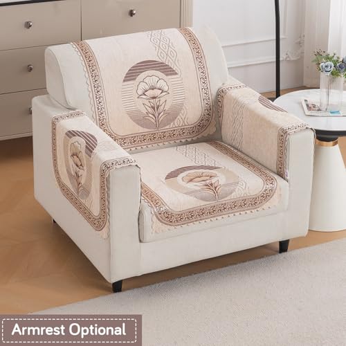 Image of HOKIPO Noor Beige Premium Chenille Jacquard Sofa Cover for 1 Seater for Seat & Back, 'Royal Aangan Series' (IN-1006-L4*2)