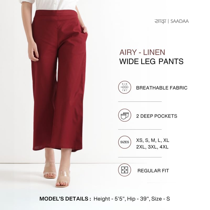 Image of SAADAA Women's Relaxed Fit Mid Rise Airy Linen Wide Leg Pants, High Waist Trousers for Formal, Casual & Office Wear