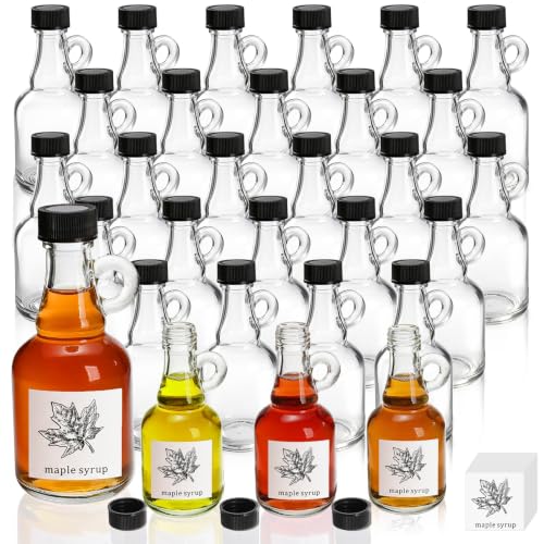 Pumtus 30 Pack 3.4 OZ Glass Syrup Bottles with Loop Handle Leakproof Mini Syrup Jar with Lid & Maple Sticker Clear Reusable Stout Sample Bottle Empty Liquid Container for Beer Oil Sauce Milk