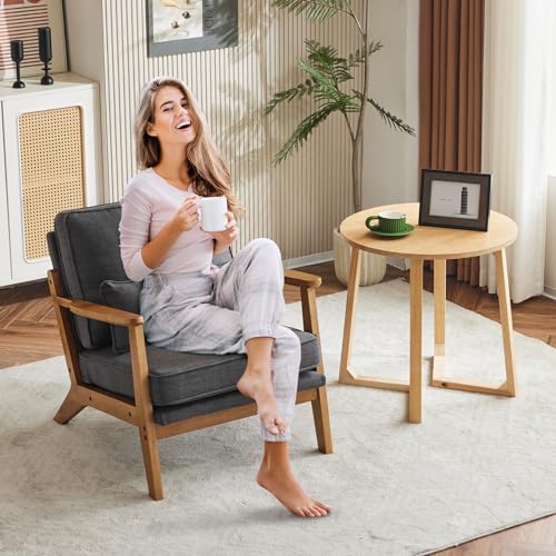 Image of Karl home Mid-Century Lounge Accent Chair, Gray | Wide Curved Armrest, Linen Fabric, Lumbar Pillow Included, Solid Wood Frame, For Living Room, Bedroom, Balcony, Apartment