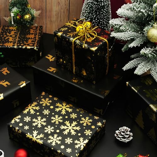 Papel de embrulho de Natal, 6 folhas de papel de embrulho preto e dourado, papel de embrulho de rena
