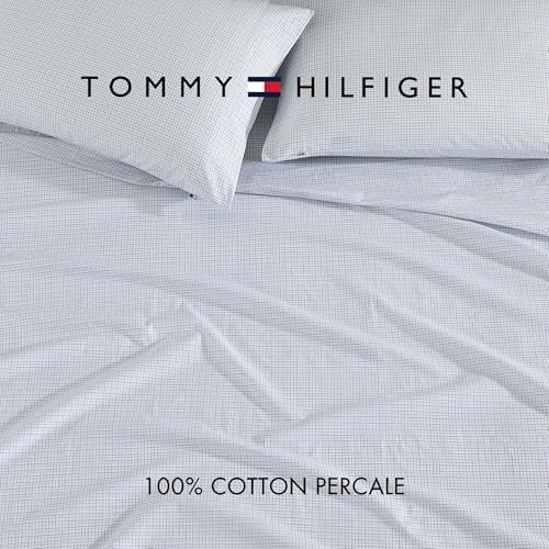 Image of Tommy Hilfiger - Sheet Set, Cotton Percale Bedding with Matching Pillowcases, Crisp & Cool, Premium Quality Home Essentials (New England Plaid Blue, Full)