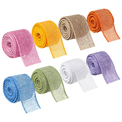 Mlurcu Burlap Wired Ribbon 8 Rolls - Natural 1-1/2 Inch 40 Yards Solid Fabric Edge for Christmas Craft DIY Wrapping Wreath Holiday Party Decorations (Light Color)