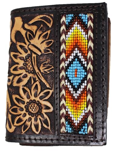 Men's Western Antique Floral Tooled Beaded Leather Tri-Fold Wallet 18RTWTrifold