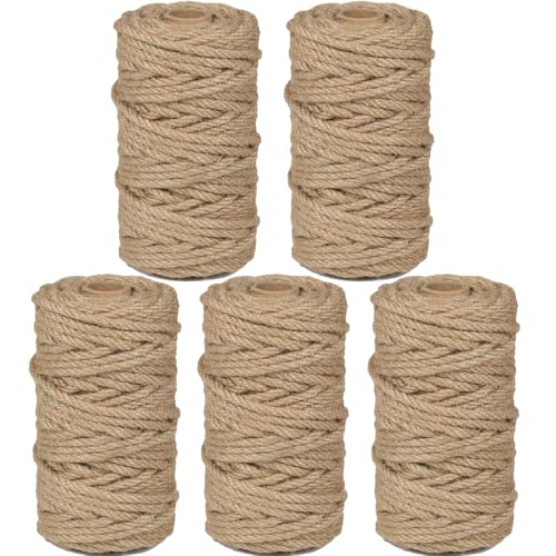 Image of 5Pack 4mm Natural Jute Twine Rope 600 Feet Twisted Heavy Duty Thick Twine for Cat Scratching Post Tree Craft Projects Garden Home Decoration Packing Bundling (Brown-120Feet /Roll)