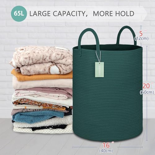 Image of Large Cotton Rope Laundry Hamper for Clothes 65L, Dark Green