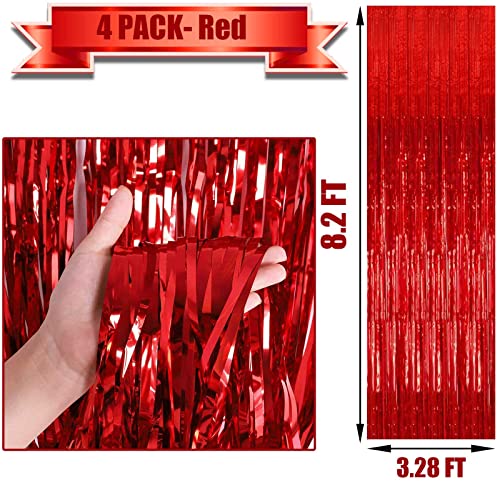 Image of 4 Pack Red Foil Fringe Curtain Backdrop, 3.28Ft x 8.2Ft Metallic Tinsel Foil Fringe Streamer for Party, Photo Booth Props, Birthday, 2022 Mother's Day Decoration Party Supplies
