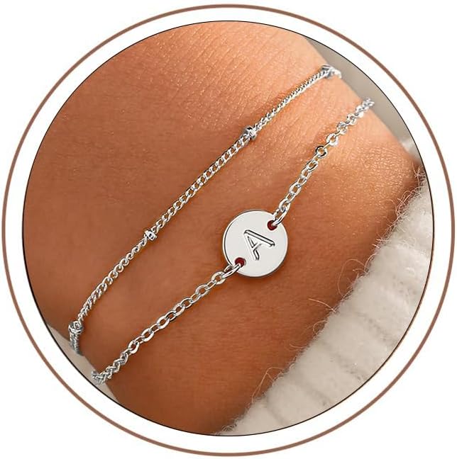Gold Initial Bracelets for Women Girls Jewelry Gifts Trendy - Dainty 18K Gold Plated Disc Monogram Letter A-Z Initial Bracelets for Women Girls Teens Personalized Letter Bracelet Birthday Gifts