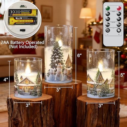 Image of Wondise Chrismtas Snowman Glass Flameless Candles with Remote Timer, Battery Operated Real Wax LED Flickering Pillar Candles with Christmas Tree Decal for Christmas Decoration
