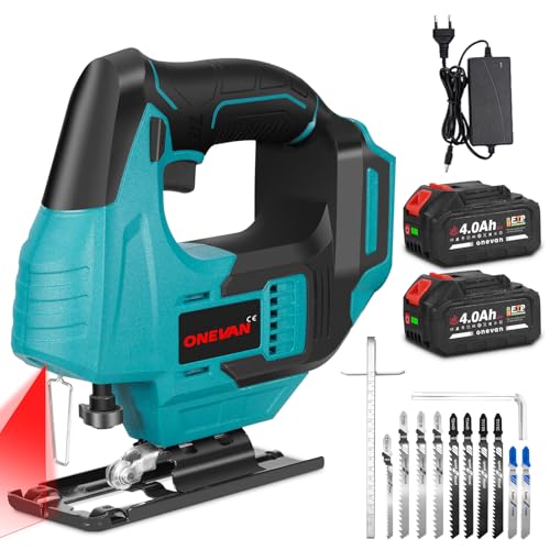 ONEVAN Puzzle sans fil 18V avec 2 batteries-Puzzle sans fil sans balais 450W, profondeur de coupe de 55mm, éclairage LED Lame de scie de remplacement sans outil