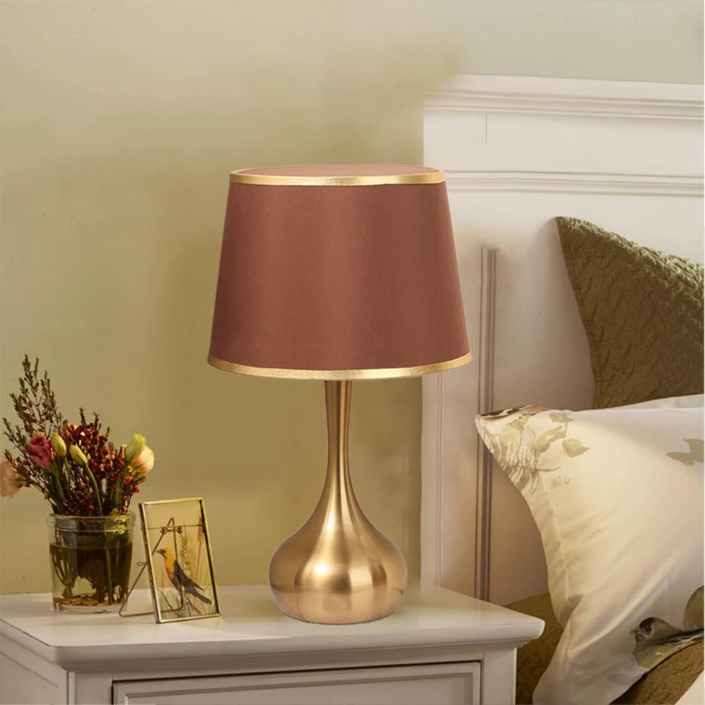 XINYASEE Lampe de chevet en tissu, abat-jour avec interrupteur, design chic lumière du jour, lampe de table moderne, rouge doré, 25x42 cm E27 Lampes de table (Rouge)