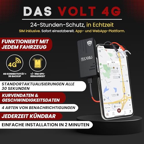SafeTag Volt – Echtzeit-GPS-Tracker – Tracker für Transporter, Motorräder, Wohnwagen, Reisebusse und Autos–9–48V, Selbstinstallation inklusive SIM und Daten, 7-tägige kostenlose Testversion (4G)