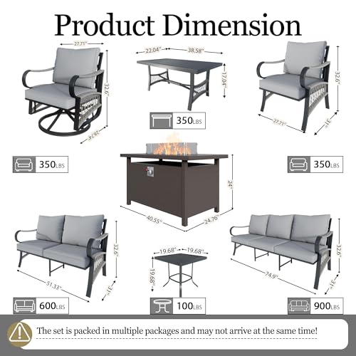 Image of 12-Piece Outdoor Furniture Set, Metal Swivel Rocking Chairs with All-Weather Cushions, Patio Conversation Set with Fire Pit Table for Deck, Porch, Garden, Backyard, Poolside (Gray Cushions)