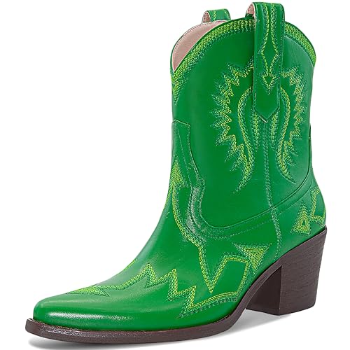 Image of HOCHFART Women's Western Ankle Cowboy Boots Chunky Pointed Toe Wide Calf | Metallic PU-Leather, Embroidered, Pull-On, Concert, Festival, Rodeos, Party, Daily Wear, All-Day Comfort