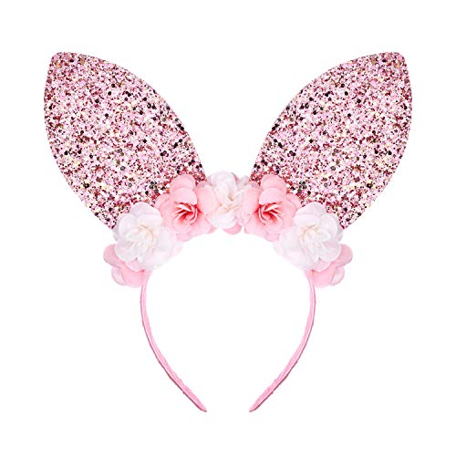 LUX ACCESSORIES Halloween Pink Glittery Bunny Ears Easter Rabbit Baby White Flowers Headband
