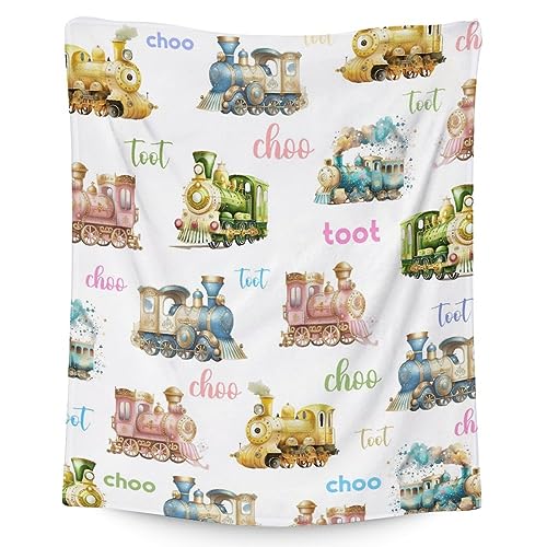 Train Blanket for Boys - 40x50 Inches Crib Size - Soft Fuzzy Plush Throws Gifts - White Cute Throw Blanket for Couch & Sofa