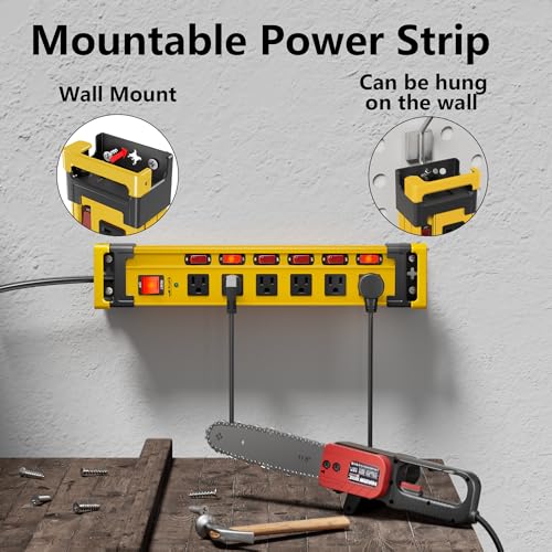 Regleta eléctrica con protector contra sobretensiones, 6 tomas, interruptores individuales, montaje metálico, enchufe plano y gestión de cable, cable de extensión de 6 pies para taller y garaje miniatura 3