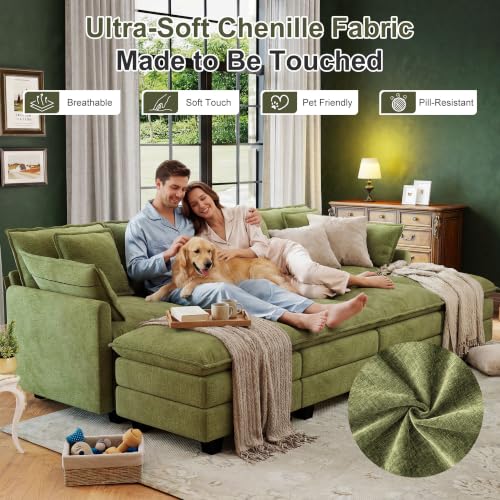Image of 107 inch Cloud Couch Sectional Modular Sofa, Deep Seat Couches with Ottoman and Removable Washable Pillows for Living Room, Bedroom, Apartment, Green