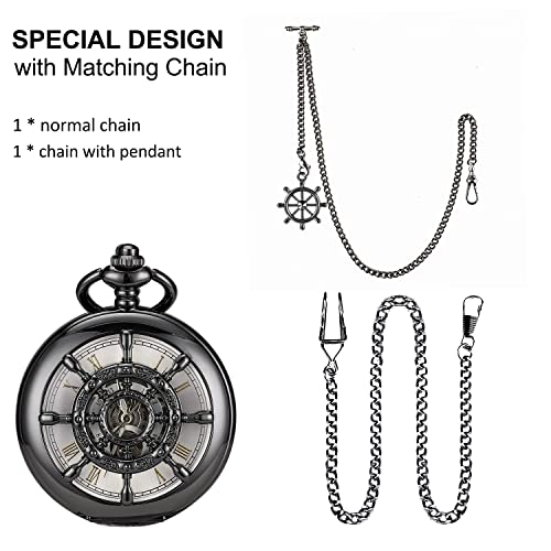 Sibosun Pocket Watch Mechanical Pocket Watches For Men Hollow Rudder Case Double Cover Skeleton Pocket Watch Steampunk Roman Numeral Dial Fob Watch With Chain And Box #TOP1