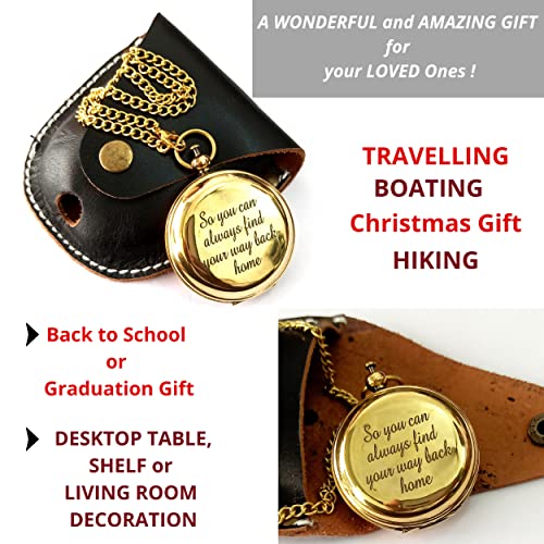 Brújula de bolsillo de latón brillante grabada con estuche de cuero, brújula de botón de 2" para camping, senderismo, viaje - regalo para cumpleaños, Navidad, aniversario y graduación miniatura 3