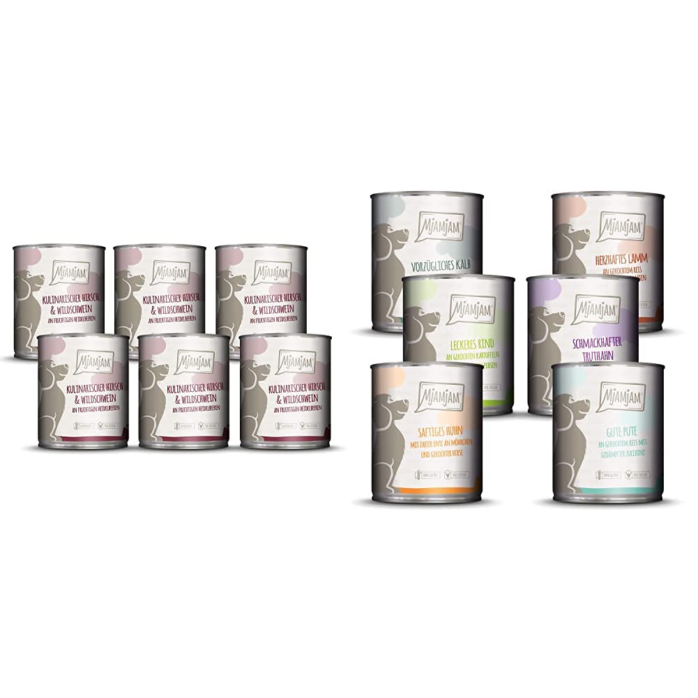 MjAMjAM - Premium Nassfutter für Hunde - kulinarischer Hirsch & Wildschwein an Preiselbeeren (6 x 800 g) & Premium Nassfutter für Hunde - Mixpaket II (6 x 800 g)