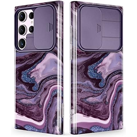 GVIEWIN Compatible with Samsung Galaxy S23 Ultra Case with Slide Camera Cover, [Military Grade Drop Protection] Slim Marble Shockproof Protective Phone Case Fit S23 Ultra 5G 6.8" (Quicksand/Purple) Cover