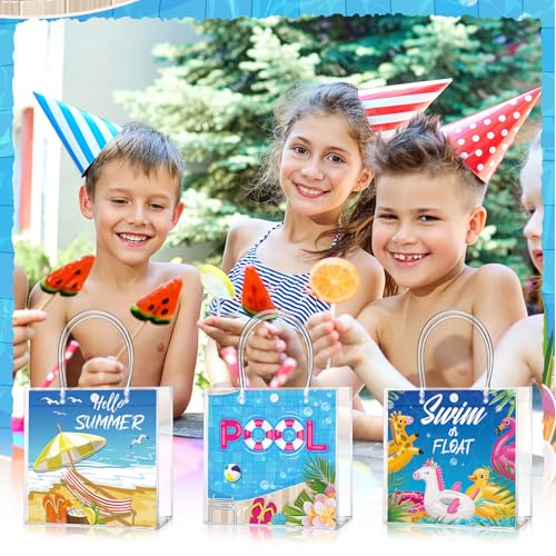 Image of Teenyyou 24 Pcs Pool Party Favor Bags Summer Pool Beach Theme Designs Clear Gift Bags Reusable PVC Tote Container with Handles for Baby Shower, Bridal Shower, Wedding, Birthday Party Supplies