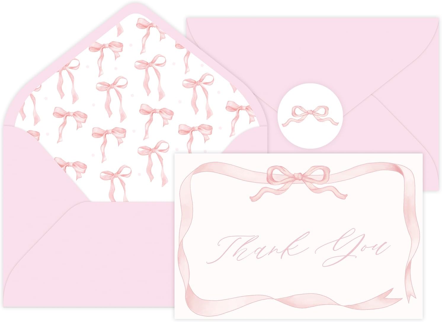 Quera 24 Pack Pink Bow Thank You Cards Coquette Bow Greeting Cards with Envelopes Stickers Watercolor Greeting Cards Pink Blank Note Cards for Wedding Bridal Baby Shower Birthday, 4 x 6 Inch