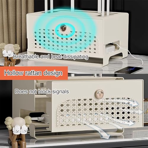 Cache-routeur WiFi en rotin noir meuble multimédia avec cloisons de rangement - 5