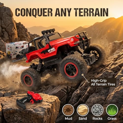 Image of DV Big Size Rock Crawler Rc 4x4 Car Monster Truck Toy for Boys Girls Kids, Off-Road Vehicle with LED Headlights & Music, Dual Mist Fog Spray Function, Anti-Skid Rubber Tires, Birthday Gift 6121 Red