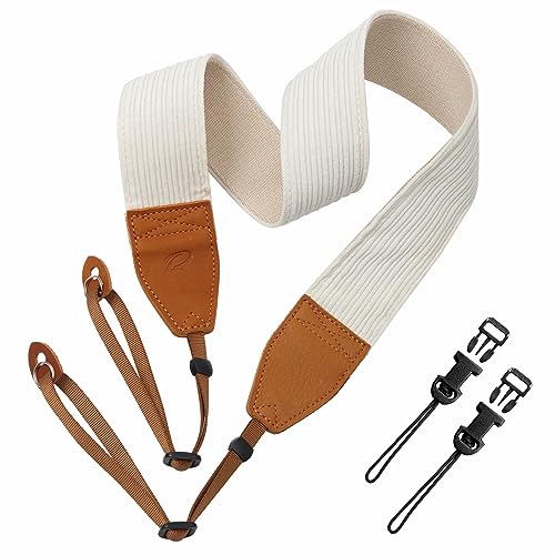 Padwa Lifestyle Corduroy Camera Strap - 2" Double Layer Full Grain Cowhide Leather Head Camera Straps for Photographers, Unique Soft Corduroy Fabric with Quick Release fits all Cameras(White)