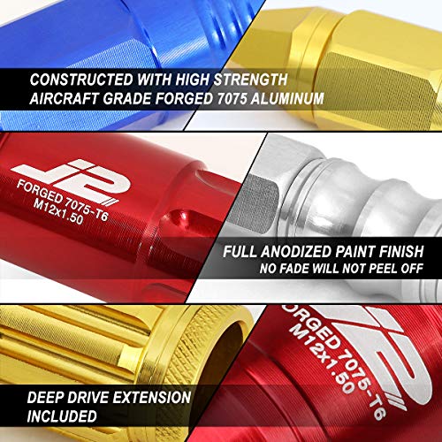 J2 Engineering 7075 Aluminum Red M12 x 1.5 16Pcs L: 80mm Spiky Cap Lug Nut w/4Pcs Lock+Key by J2 Engineering - Image 2