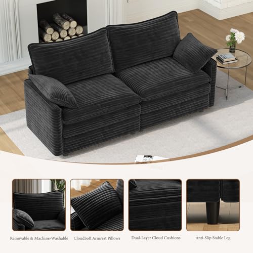 Image of Vesgantti 74 inch Loveseat Sofa for Living Room, Comfy Cloud Couch Deep Seat Corduroy Modern 2 Seater Small Sofa with Armrest Pillow, Easy Assembly for Small Spaces, Black