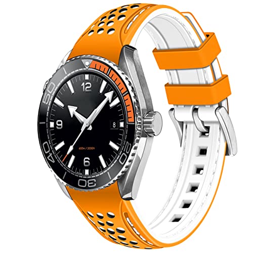 YISIWERA 20mm 22mm Silicone Watch Band Curved Ends, Universal Rubber Watch Strap Racing Rally, Two Tone Watch Bands with Tang Buckle for Men Women Orange White