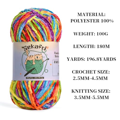 Image of Fuzzy Chenille Yarn for Crocheting, Fluffy Amigurumi Crochet Yarn for DIY Craft /Hat /Shoes, (100g /197yds) Soft Velvet Baby Blanket Yarn(Rainbow)