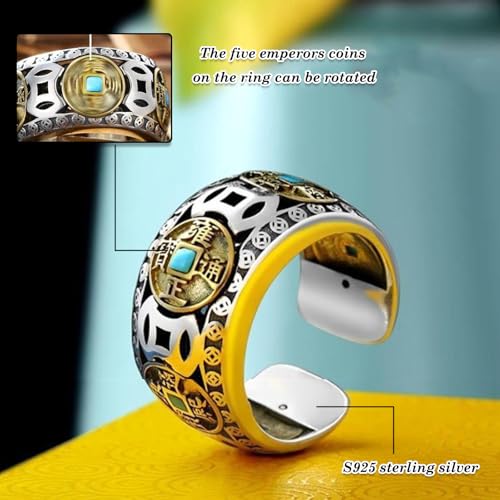 Feng Shui Ring, Five Emperors Coins Ring, S925 Stering Silver Engraved Cameo Rings Energy Protection Amulet Wealth Lucky Jewelry, Adjustable Open Rings for Men Women3
