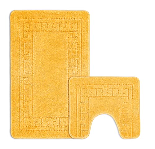 Non Slip Striped 2 Piece Bath Mat & Pedestal Mat Greek Key Plain Colours (Yellow)