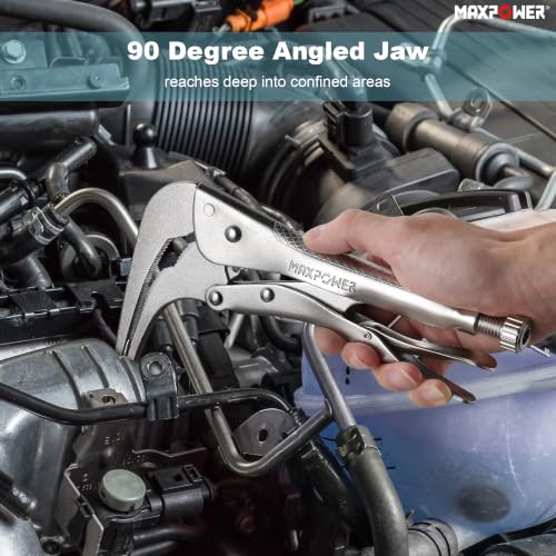 Image of MAXPOWER 10-inch 90 degree Offset Long Nose Locking Pliers, 3 inch Jaw Opens | Serrated Long Jaws Locking Pliers for Tight Spaces