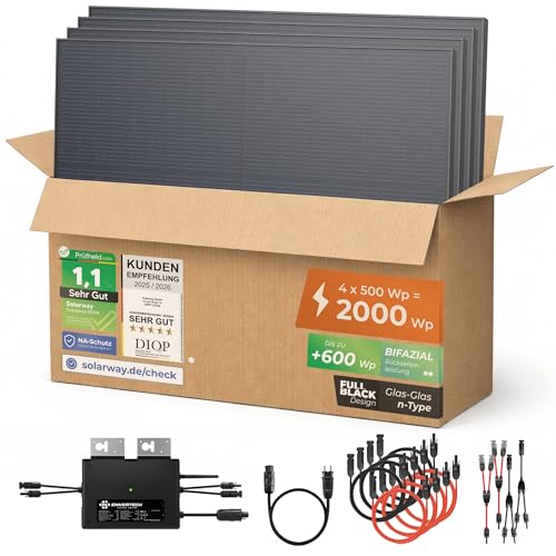 Solarway® Balkonkraftwerk 2000W / 800W komplett Steckdose - neuester 800W Wechselrichter - Solaranlage Komplettset - 500W bifaziale Solarmodule & Envertech & Zubehör