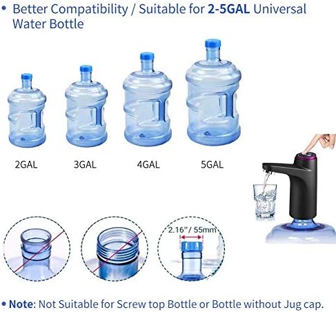 Amazi Electric Water Pump, Drinking Water Pump, USB Charging Bottled Water Pump, Automatic Water Pump, for Universal 3-5 Gallon Bottle, Portable Water Dispenser for Indoor & Outdoor (BLACK-02)
