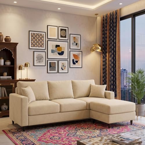 Image of FURNY Luxury Conva 3 Seater Sofa Set with Ottoman for Living Room |Soft Suede Fabric Upholstered | Modern Comfortable Couch for Home Office & Drawing Room | Cream