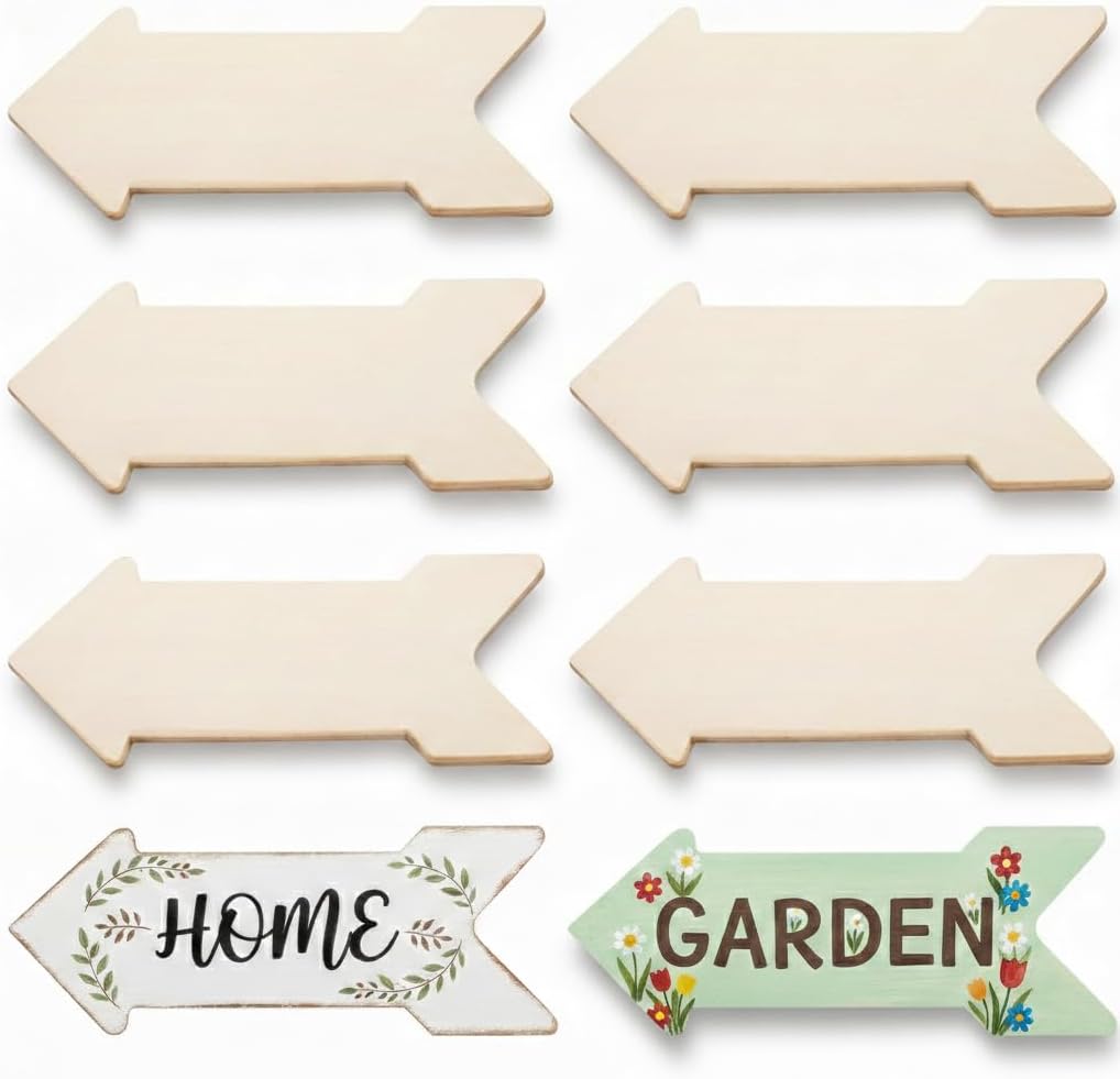 Veemoon 8pcs Blank Wood Directional Signs, 8pcs Unfinished Arrow Shape Craft Cutouts Board Wall Art DIY Arrow Plaque Decoration Hanging Wooden Directional Sign for Home Farmhouse Garden,15.7 X 5.9“