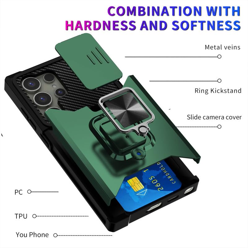 Image of LuxuryKase Shockproof Armor Case for Samsung Galaxy S24 Ultra | Slide Camera Cover | Hidden Card Slot | Rotating Ring Kickstand | Magnetic Car Mount Support | Military Grade Protection - Green