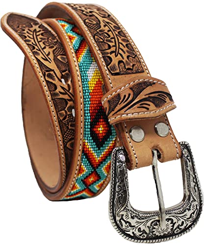 CHALLENGER Unisex 1.5" Western Floral Hand Tooled Beaded Full-Grain Leather Belt 26RT52B2